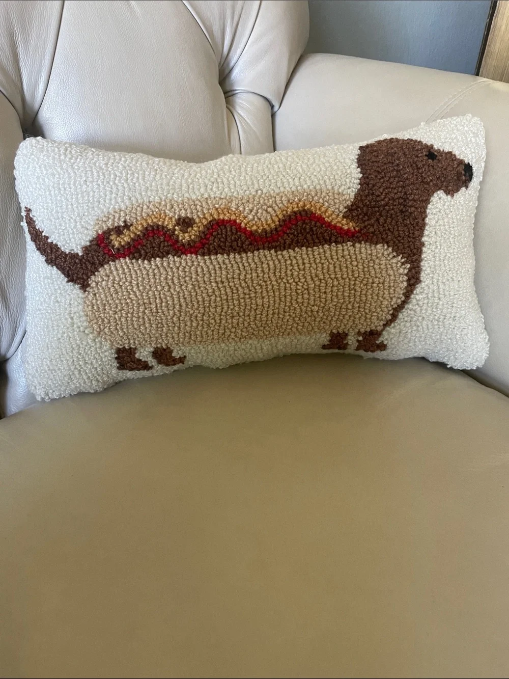 Peking Handicraft Dachshund Hot Dog Hooked Pillow - Cream & Brown